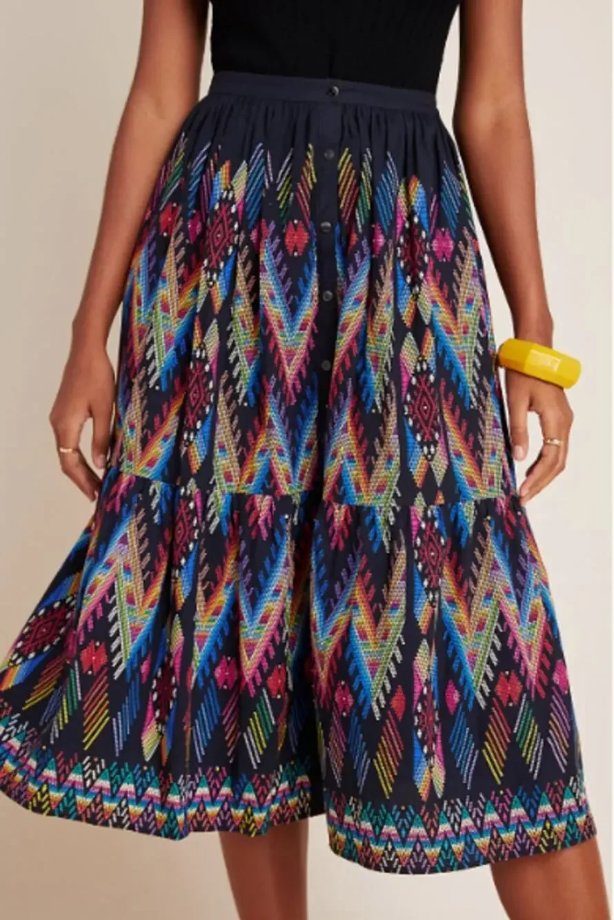 Anthropologie Tanvi Kedia Iris Tiered Midi Skirt Black Chevron Button Front XS